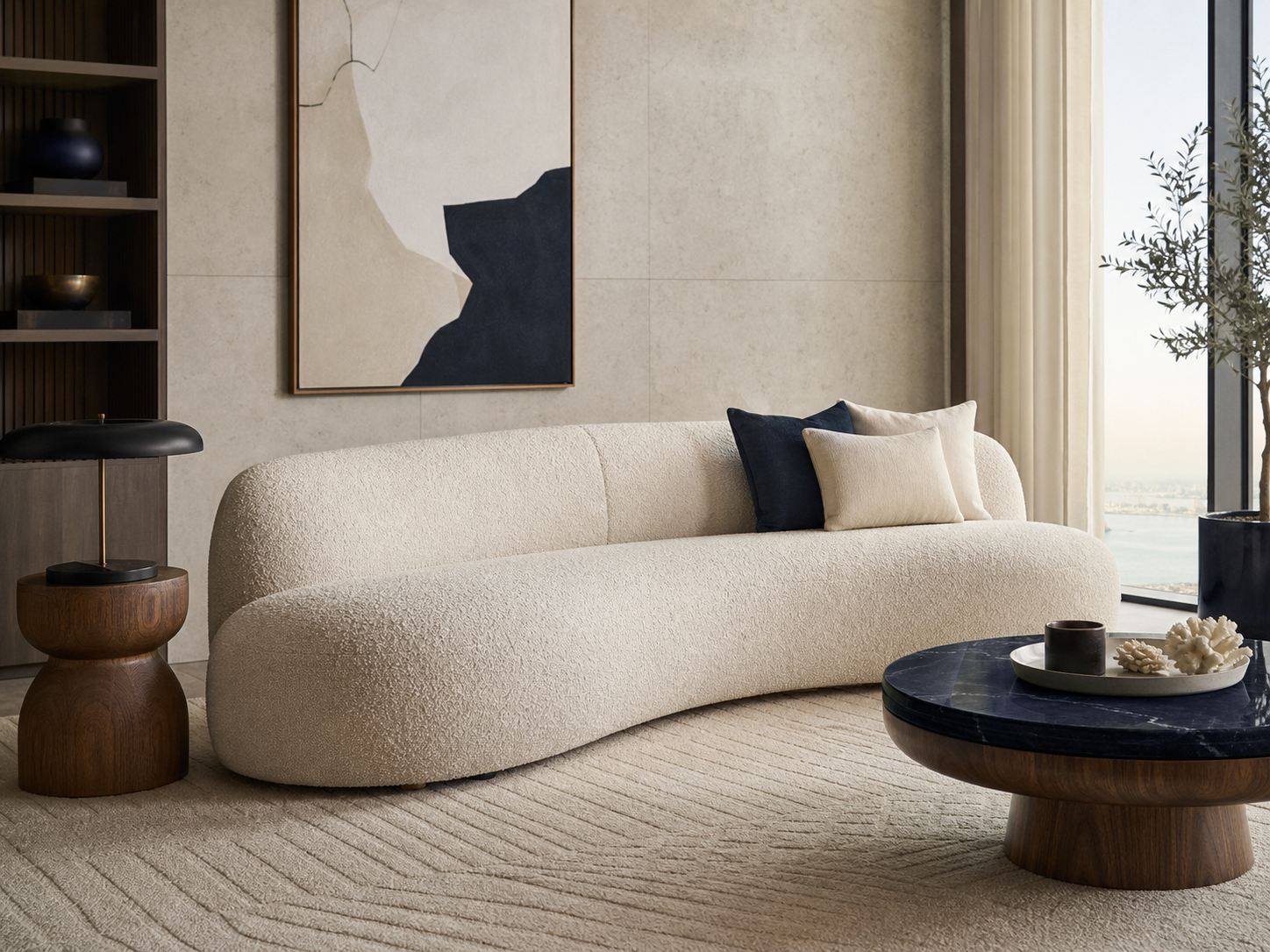 AI-generated concept photograph of a cream sofa