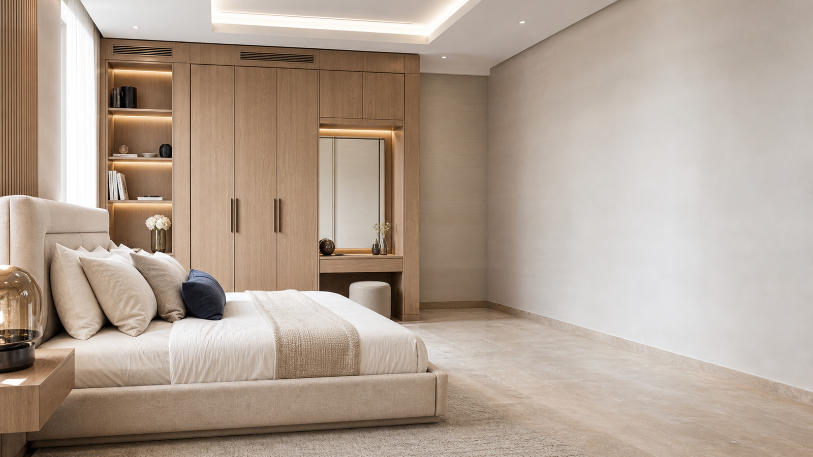 AI-generated concept bedroom with built-in wardrobe