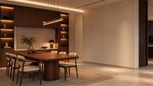 AI-generated concept dining room with custom walnut joinery