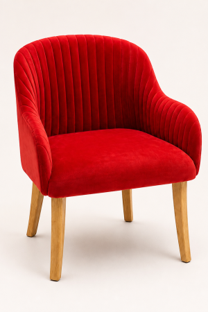 Red velvet armchair with natural wood legs