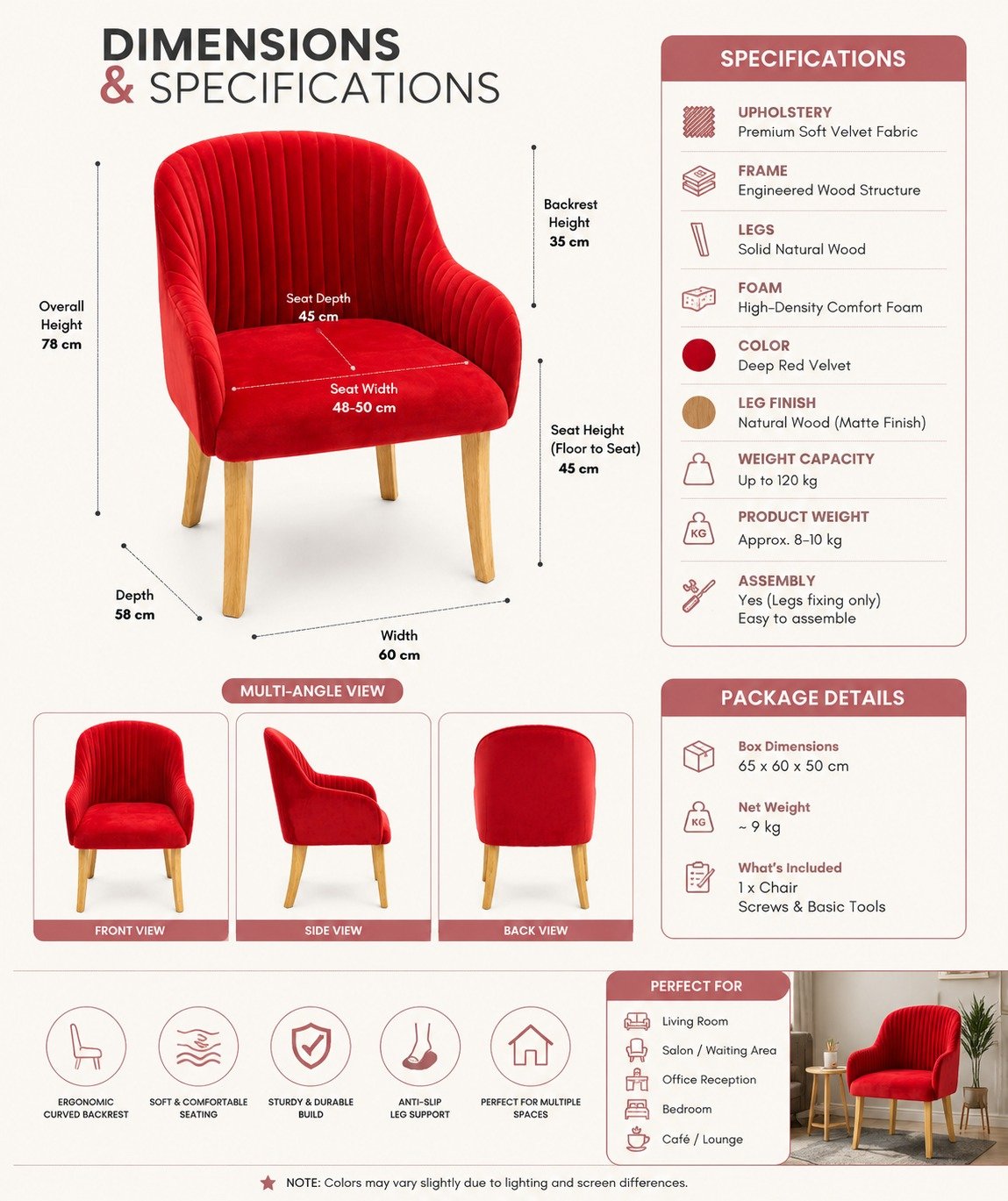 Red velvet armchair dimensions and specifications